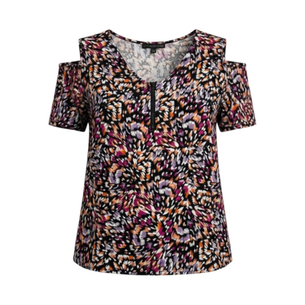 Adrienne Vittadini Multi Color Abstract Patterned Cold Shoulder Short Sleeve Top